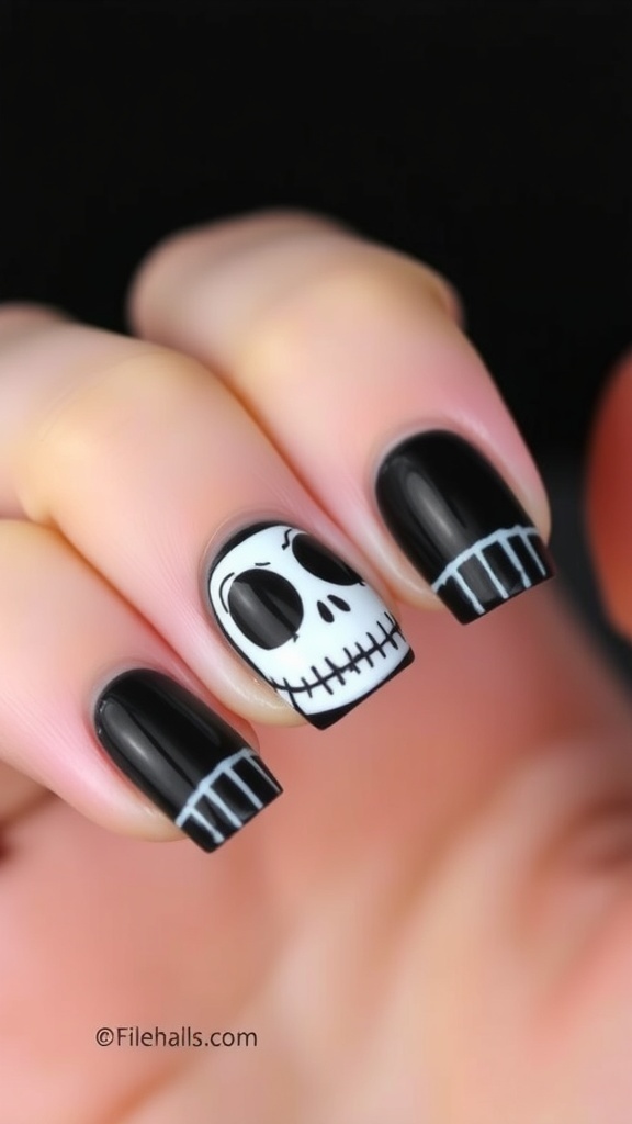 Short nails with Jack Skellington design featuring black and white colors.